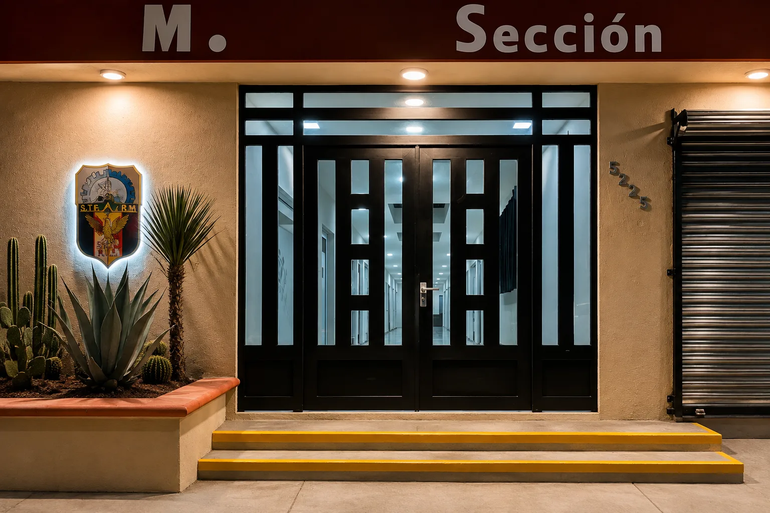 Acceso principal terminado, con cancelería, escudo iluminado y jardinera