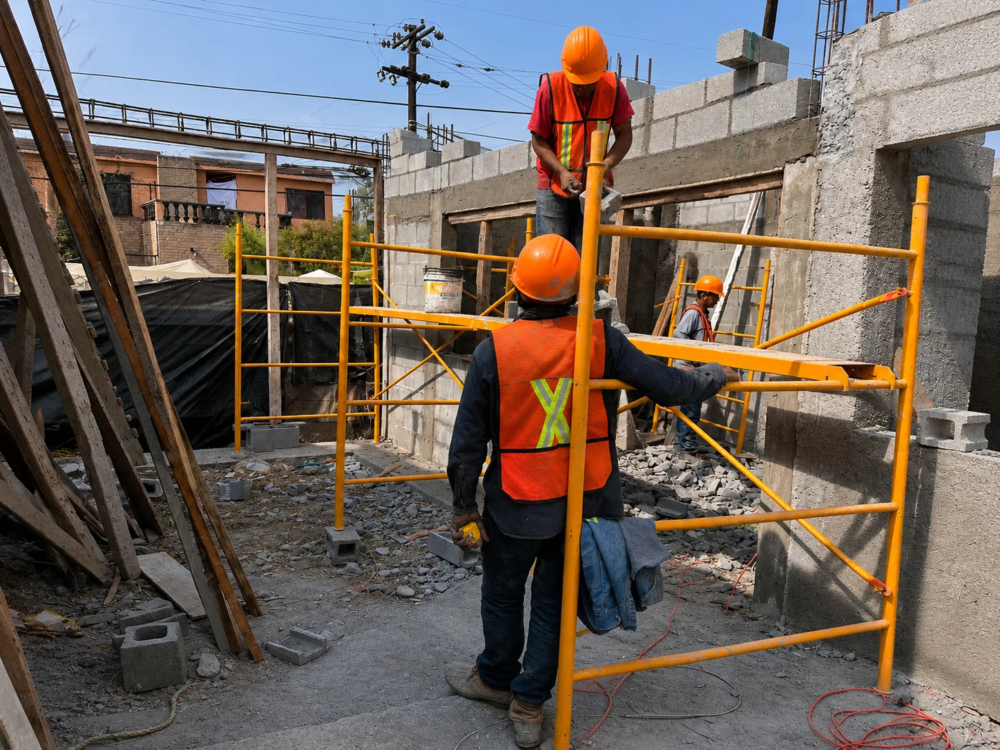 Trabajador sobre andamio levantando muro de block en obra