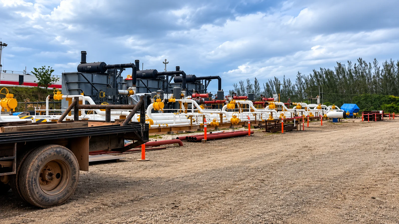 Batería de instalaciones de proceso en campo, con líneas y cabezales
