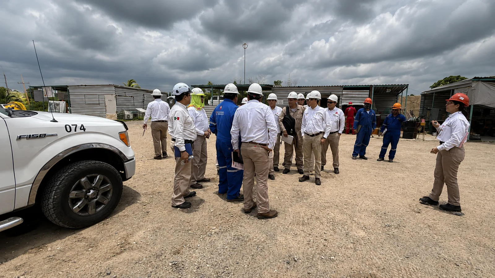 Cuadrilla con equipo de protección personal durante la charla previa a los trabajos