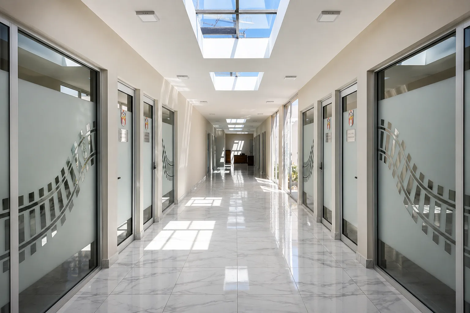 Pasillo interior terminado con oficinas, iluminación cenital y piso pulido