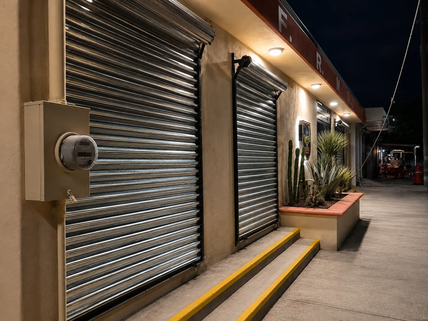 Fachada de locales comerciales terminada, vista nocturna con rampa señalizada