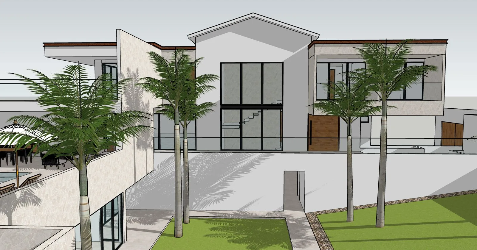 Fachada principal del anteproyecto, con doble altura y palmeras