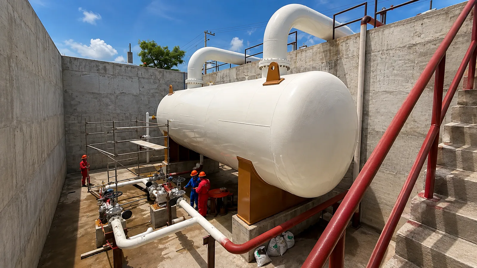 Tanque horizontal y líneas de conducción instalados en área confinada